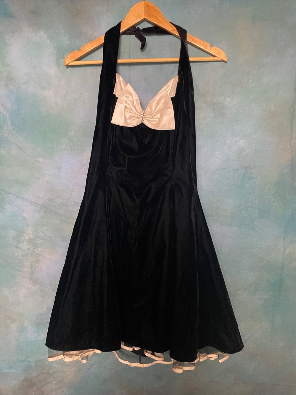 Black Satin Halter Dress with Cream Bow Accents